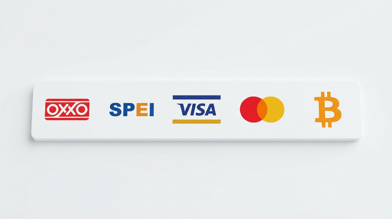 Métodos de pago: OXXO, SPEI, Visa, Mastercard, Bitcoin